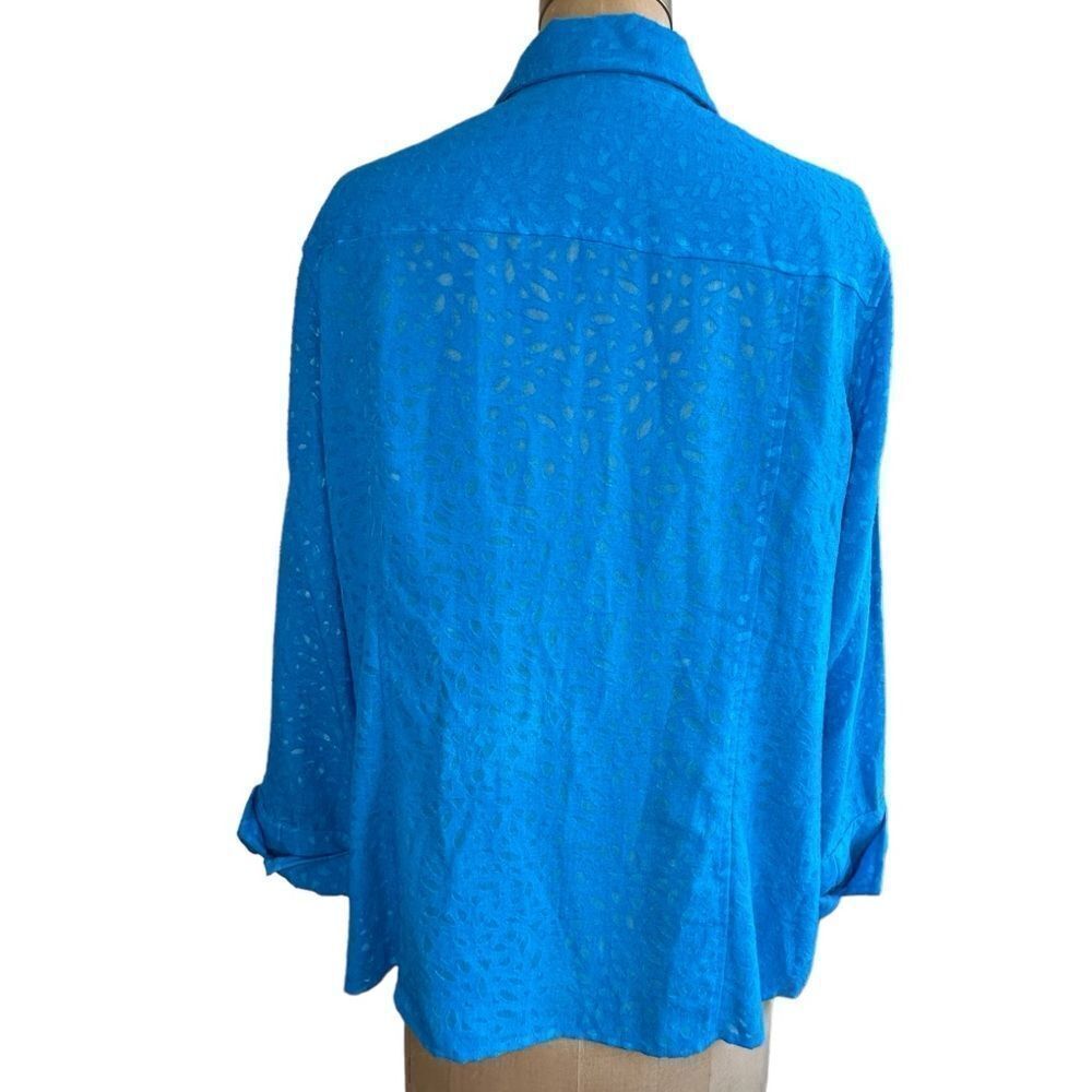 Vintage Sag Harbor Turquoise burn out leaf design 3/4 sleeve button down size 16 - Picture 4 of 10